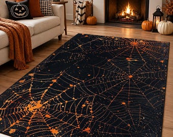 Halloween Spider Web Rug, Black Orange Gothic Area Rug, Spooky Web Carpet, Halloween Decor, Witchy Rug, Dark Fall Home Decor