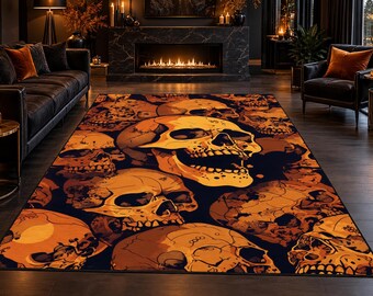 Halloween Skull Rug, Orange Black Area Rug, Gothic Skull Carpet, Spooky Halloween Decor, Skeleton Rug, Horror Rug, Dark Gothic Home Decor