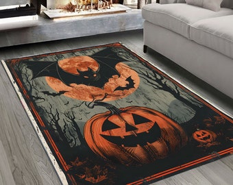 May include: Halloween-themed area rug featuring a jack-o'-lantern, bats, and a full moon. The rug has a vintage, distressed look with a black, orange, and gray color scheme. The design includes a spooky forest and a small pumpkin.