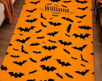 Personalized Halloween Bat Rug, Custom Family Name Area Rug, Orange Black Halloween Carpet, Spooky Bat Decor, Halloween Home Decor