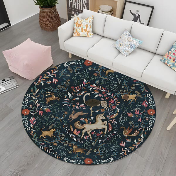Blue And Red Floral Sugar Skull Round Rug main image 1