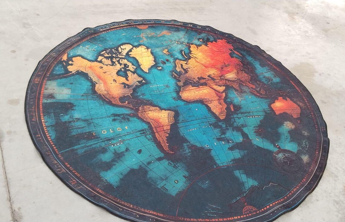 Round Rug, World Map Rug, Globe Design Rug, Geography Decor, Travel ...