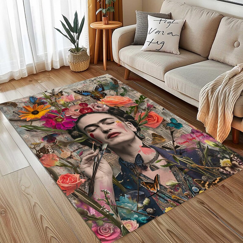 May include: A rectangular area rug featuring a portrait of a woman surrounded by flowers and butterflies. The rug has a vintage newspaper background with a floral and butterfly design. The woman in the portrait is holding paintbrushes.