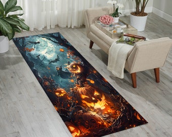May include: A Halloween-themed runner rug featuring a spooky forest scene with glowing jack-o'-lanterns, bats, and a full moon. The rug has a dark color palette with orange and teal accents, creating a festive and eerie atmosphere.