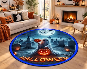 Halloween Round Rug, Ghost Pumpkin Rug, Spooky Graveyard Carpet, Jack O Lantern Rug, Blue Halloween Decor, Gothic Round Area Rug