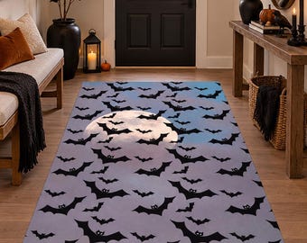Halloween Bat Rug, Full Moon Area Rug, Spooky Gothic Carpet, Black Bat Halloween Decor, Moonlight Rug, Fall Home Decor