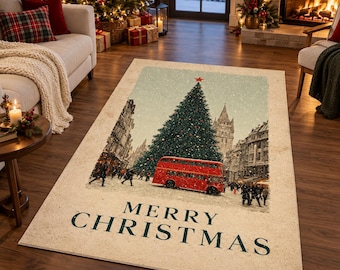 May include: A rectangular area rug featuring a vintage-style illustration of a city street during winter. The design includes a large Christmas tree, a red double-decker bus, and the text MERRY CHRISTMAS in dark green capital letters.