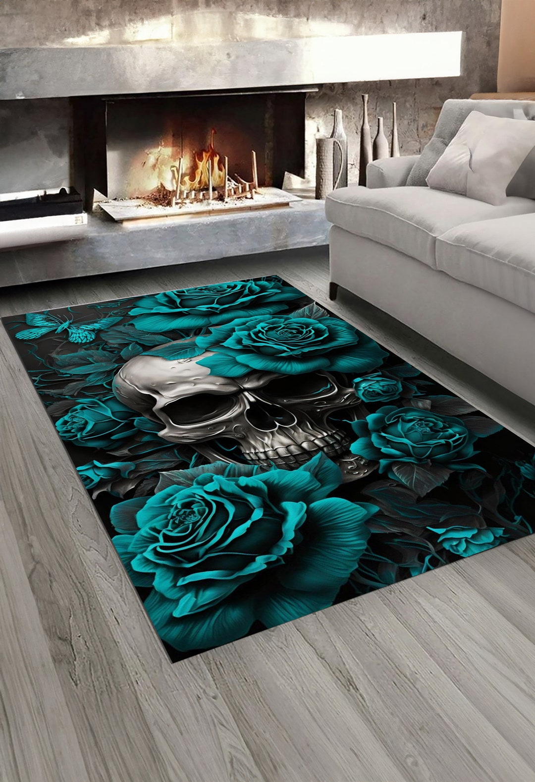 Skull Design Rug, Gothic Rug, Flower Rug, Unique Design, Contemporary ...