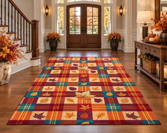 Fall Leaves Plaid Rug, Autumn Area Rug, Thanksgiving Carpet, Maple Leaf Rug, Rustic Fall Decor, Farmhouse Rug, Cozy Autumn Decor