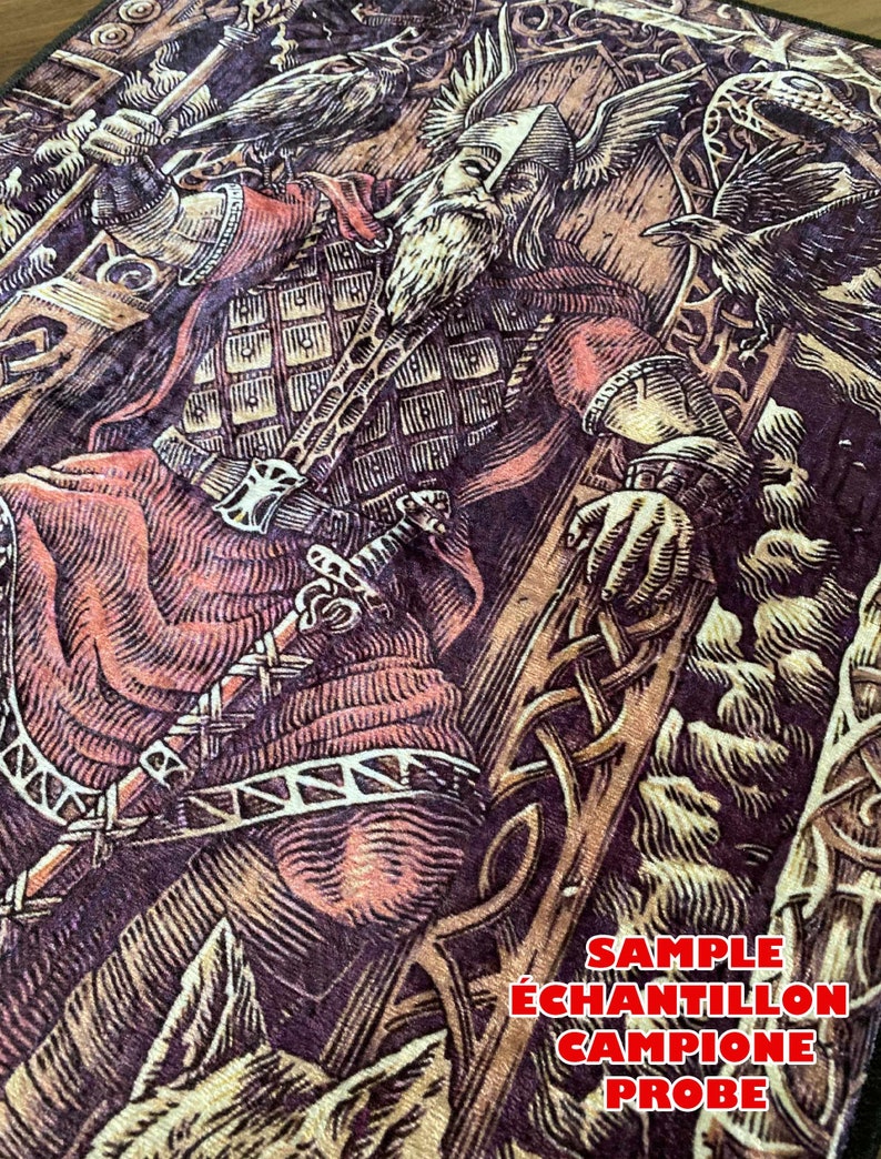 May include: A detailed illustration of a Viking warrior in a helmet and armor, holding a sword and sitting on a throne. The warrior has a long beard and is surrounded by ravens and other Norse imagery. The image has a dark background and is printed on a fabric surface. The text "SAMPLE &Eacute;CHANTILLON CAMPIONE PROBE" is visible in the lower right corner.