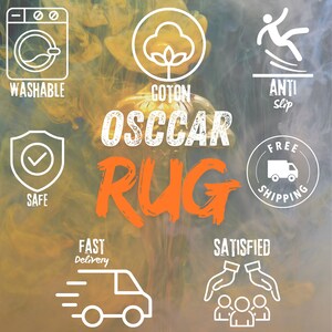 K&ouml;nnte beinhalten: Eine wei&szlig;e und orangefarbene Illustration eines Teppichs mit dem Wort "OSCCAR RUG" in gro&szlig;en, fetten Buchstaben. Die Illustration ist von Symbolen umgeben, die Merkmale wie waschbar, Baumwolle, rutschfest, sicher, schnelle Lieferung, kostenloser Versand und zufriedene Kunden darstellen.