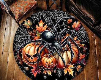May include: A round Halloween rug featuring a large black spider, pumpkins, and autumn leaves. The rug has a black background with spiderwebs. The pumpkins have carved faces. The leaves are orange, red, and yellow.
