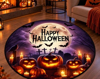 Happy Halloween Round Rug, Pumpkin Graveyard Rug, Jack O Lantern Carpet, Spooky Moon Bat Rug, Gothic Halloween Decor, Round Area Rug