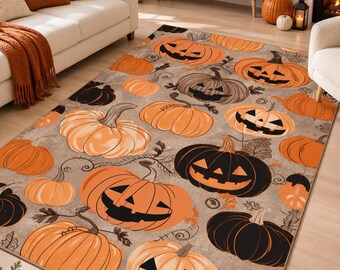 Halloween Pumpkin Rug, Jack O Lantern Area Rug, Orange Black Pumpkin Carpet, Fall Autumn Decor, Spooky Halloween Home Decor