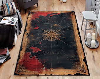 May include: A vintage-style rug with a compass design and a red and black color scheme. The rug has a distressed, aged look and features a compass rose with the words "Est. Since 1925" and "The World is Yours" printed on it.