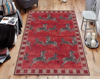 Red Zebra Area Rug, Safari Animal Print Carpet, Wildlife Pattern Living Room Rug, African Inspired Statement Decor Rug, Statement Rug