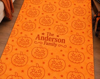 Personalized Halloween Rug, Custom Family Name Pumpkin Rug, Orange Jack O Lantern Area Rug, Spooky Fall Decor, Halloween Carpet