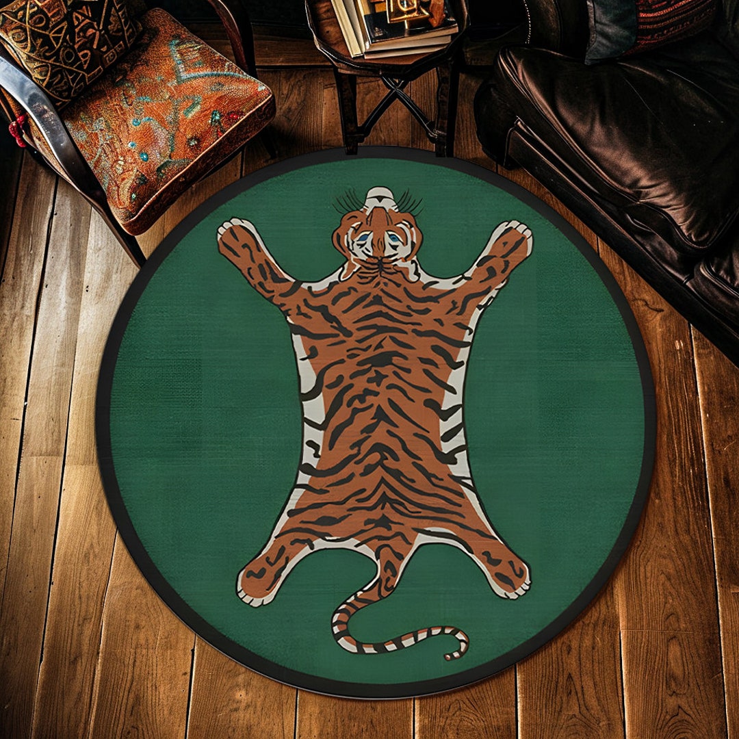 Round Tiger Rug,round Tiger Green Rug,custom Round Rug,boho Decor Round ...