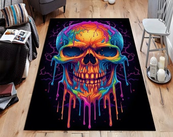 May include: A colorful skull rug with dripping paint in shades of pink, blue, green, orange, and yellow on a black background.