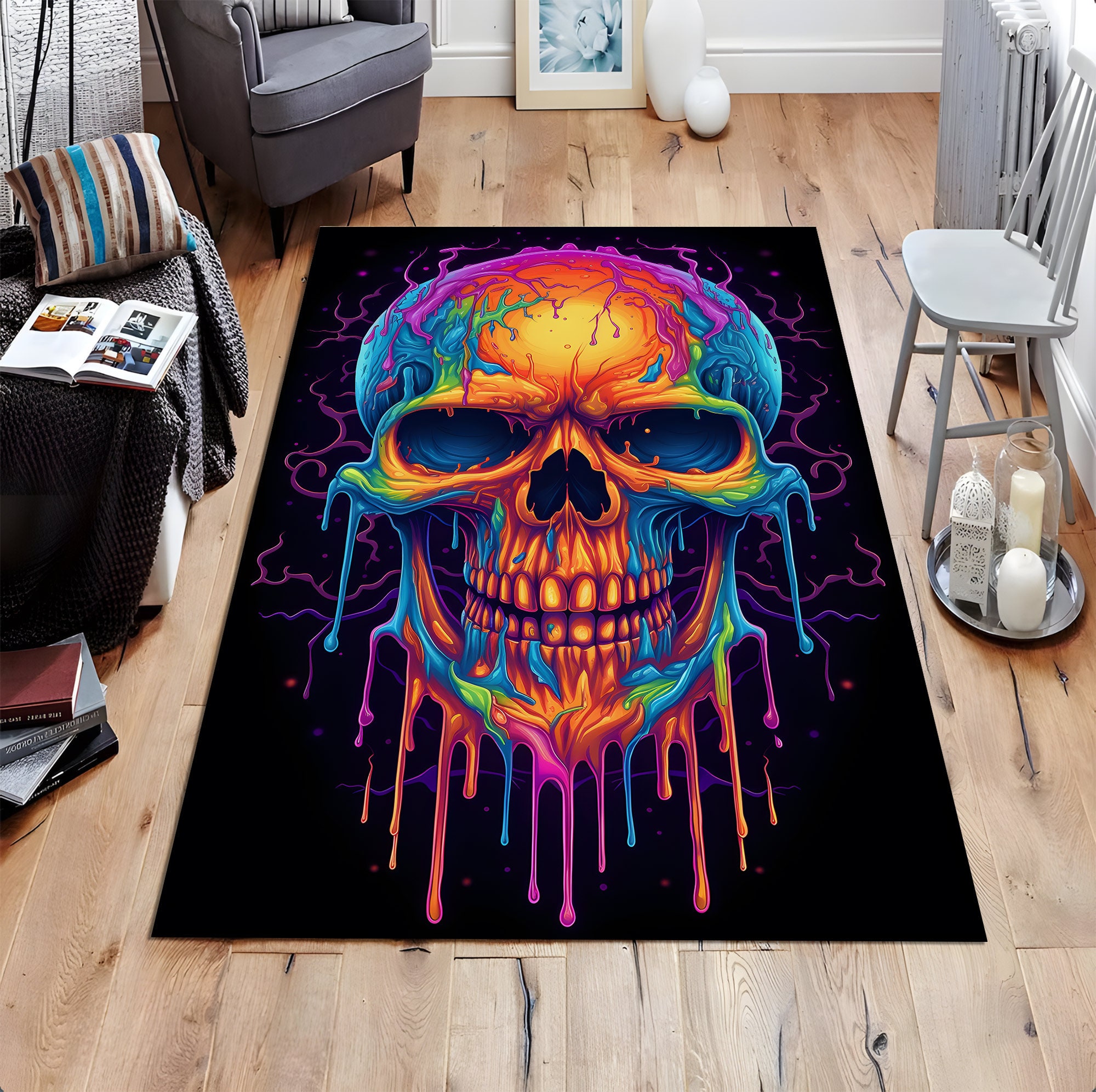 Discover Skull Design Rug, Gothic Rug, Modern Rug, Unique Design, Contemporary Rug, LivingRoom Rug, Bedroom Rug, Decorative Rug, Neon Rug, Horror Rug