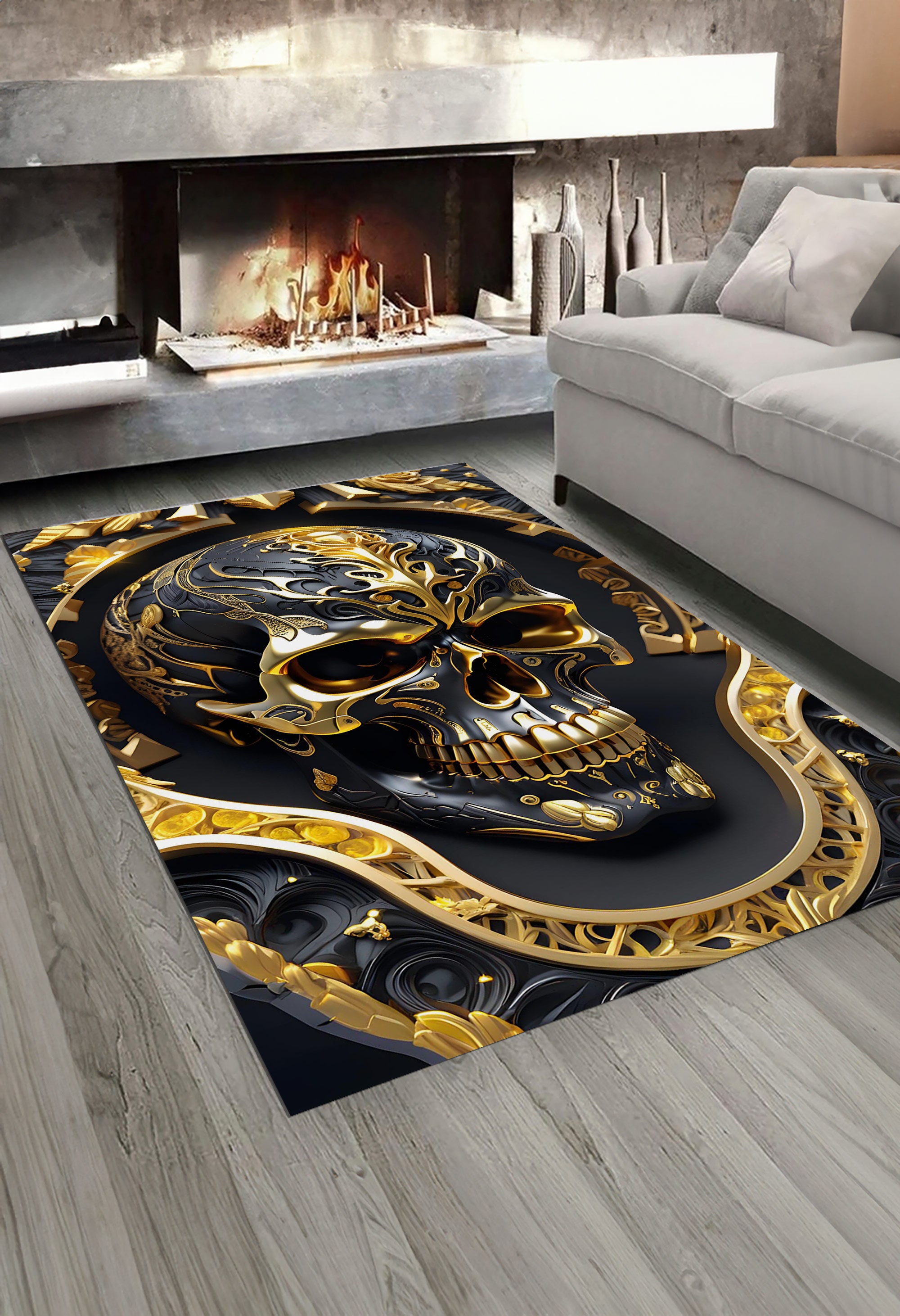 Discover Golden Skull Design, Home Decor, Gothic, Modern Rug, Unique Design, Contemporary Rug, LivingRoom Rug, Bedroom Rug, Decorative Rug, Area Rug