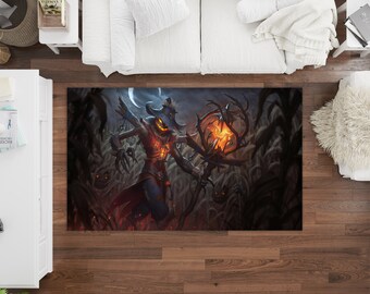 May include: A rectangular area rug featuring a fantasy illustration of a scarecrow-like figure with a glowing jack-o'-lantern head, holding a staff with a fiery orb. The rug has a dark, spooky theme with a cornfield background.