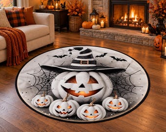 Halloween Pumpkin Round Rug, Witch Hat Jack O Lantern Rug, Spooky Pumpkin Carpet, Gothic Halloween Decor, Bat Spider Web Area Rug