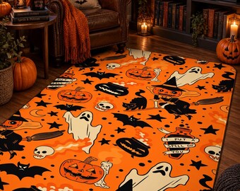 Vintage Halloween Rug, Retro Spooky Area Rug, Orange Ghost Pumpkin Witch Carpet, Black Cat Bat Decor, Halloween Home Decor