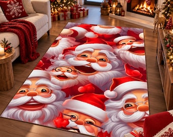 May include: A rectangular area rug featuring a repeating pattern of multiple Santa Claus faces. Each Santa has a white beard, a red hat with a white pom-pom, and round glasses. The background of the rug is a vibrant red color.