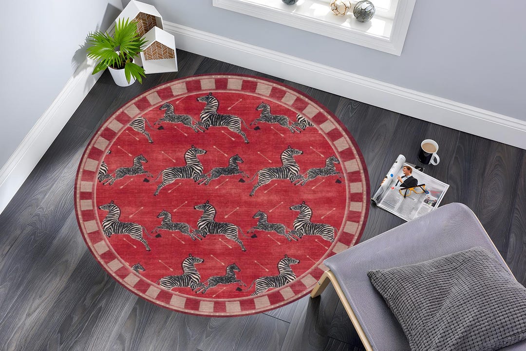 Red Zebra Round Area Rug, Safari Animal Circle Carpet, Vintage Zebra ...