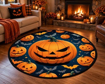 Halloween Pumpkin Round Rug, Jack O Lantern Rug, Spooky Round Area Rug, Halloween Decor, Pumpkin Carpet, Bat Rug, Fall Home Decor