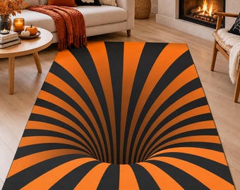 Orange Black Halloween Rug, Optical Illusion Area Rug, Spooky Swirl Carpet, Retro Halloween Decor, Gothic Fall Rug
