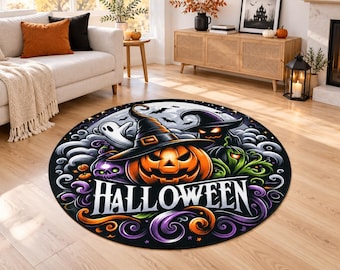 Halloween Round Rug, Spooky Pumpkin Witch Rug, Ghost Jack O Lantern Carpet, Gothic Halloween Decor, Colorful Halloween Area Rug