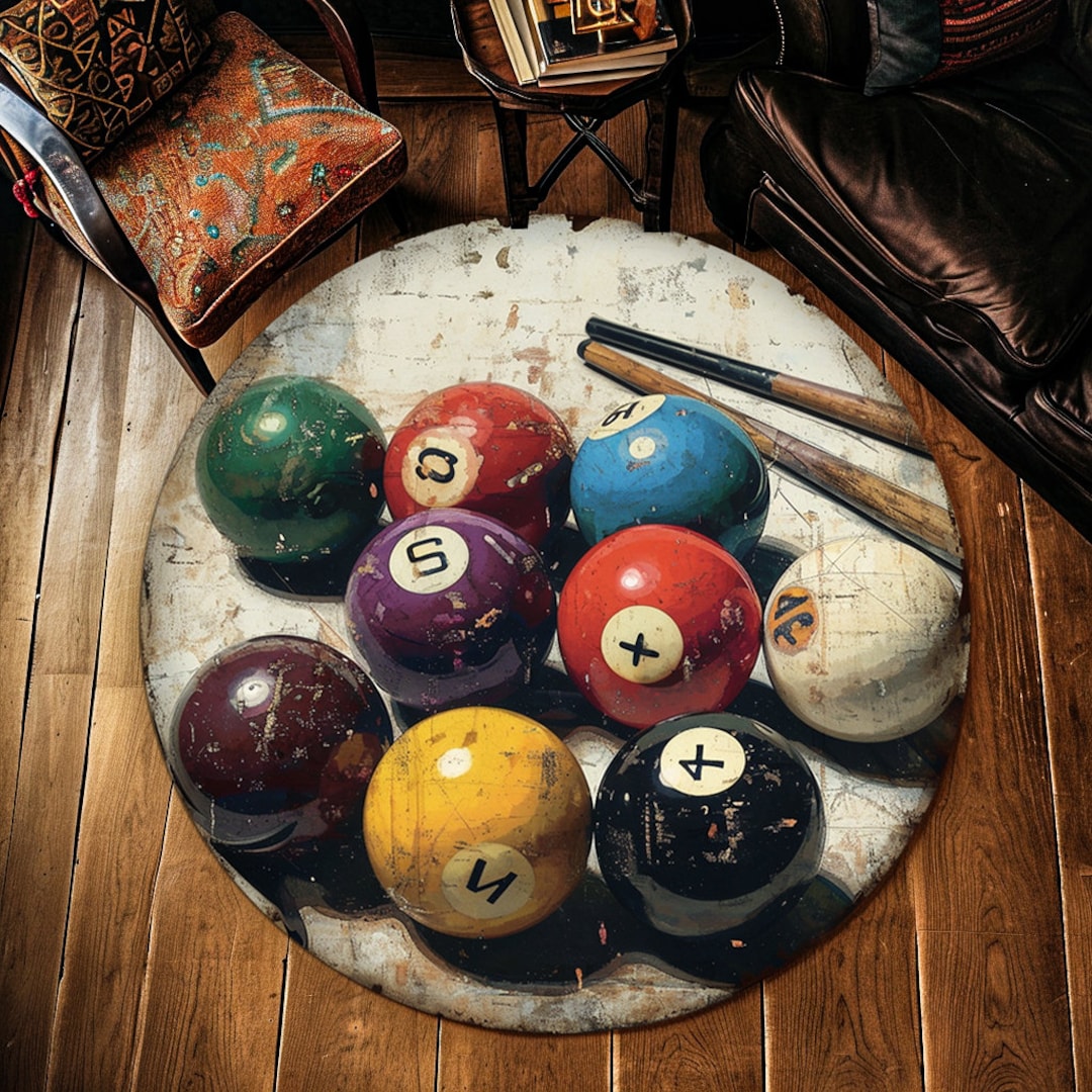 Round Rug, Billiard Design Rug, Game Room Decor, Man Cave Rug, Home ...