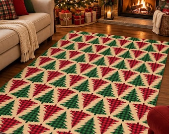 May include: A rectangular area rug featuring a repeating pattern of stylized Christmas trees in alternating red and green buffalo plaid prints against a light beige background, covering the floor in a living room setting.