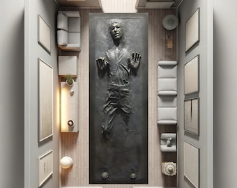 May include: A modern interior design featuring a large, dark gray wall sculpture of a person frozen in a block. The room includes minimalist furniture, artwork, and lighting fixtures in neutral tones, creating a contemporary aesthetic.
