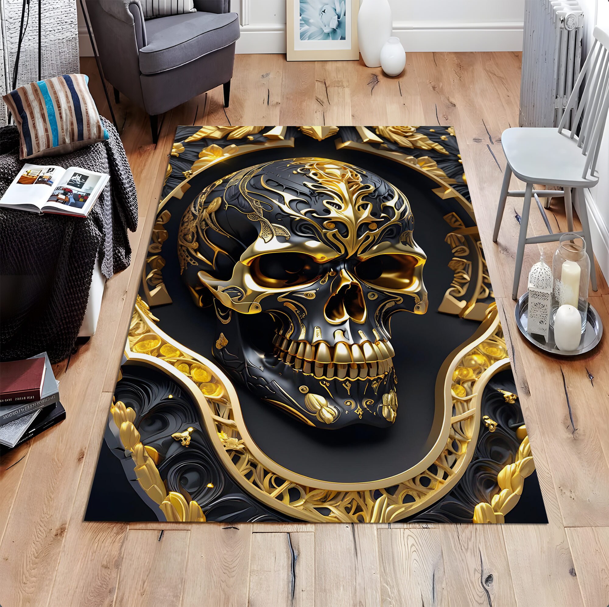 Discover Golden Skull Design, Home Decor, Gothic, Modern Rug, Unique Design, Contemporary Rug, LivingRoom Rug, Bedroom Rug, Decorative Rug, Area Rug