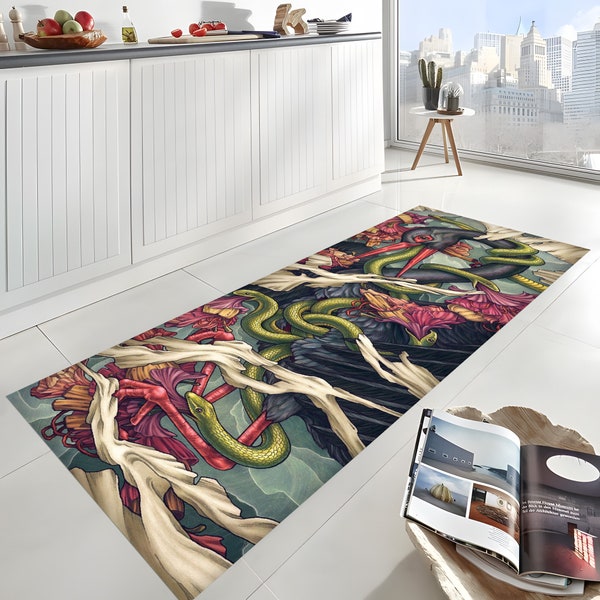 Tapis de passage, Tapis cigogne, Tapis moderne, Tapis pour affiches, Tapis tatouages, Tapis personnalisable, Chemin de serpent, Tapis design animal, Tapis serpent, Thème cigogne