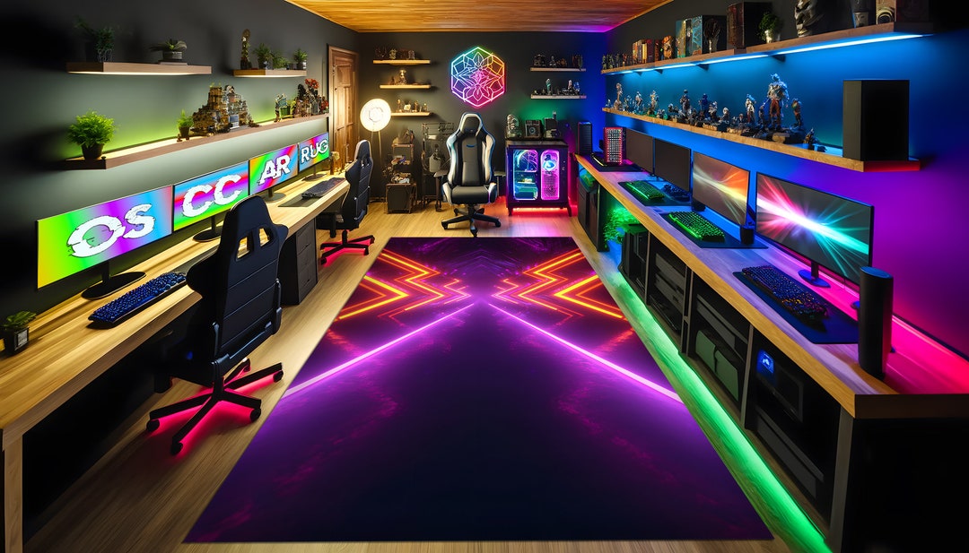 Neon Design Rug, Gaming Room Rug, Contemporary Rug, Decorative Rug ...