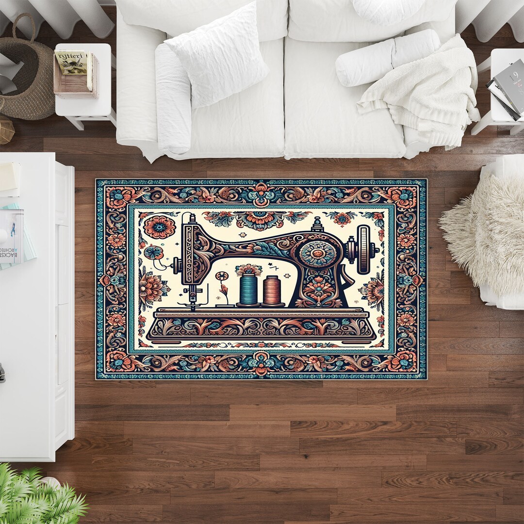 Sewing Machine Rug Pattern Sewing Machine Design, Retro Rug, Vintage Rug, Craft Rug, Contemporary ...