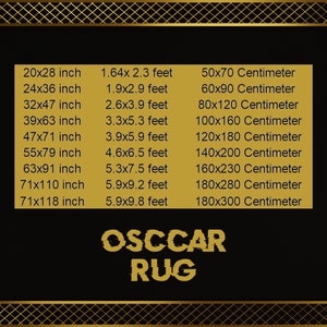 K&ouml;nnte beinhalten: Eine Tabelle mit Teppichgr&ouml;&szlig;en in Zoll und Fu&szlig; sowie in Zentimetern. Die Tabelle umfasst Gr&ouml;&szlig;en von 20x28 Zoll bis 71x118 Zoll. Der Text "OSCCAR RUG" wird am unteren Rand der Tabelle angezeigt.