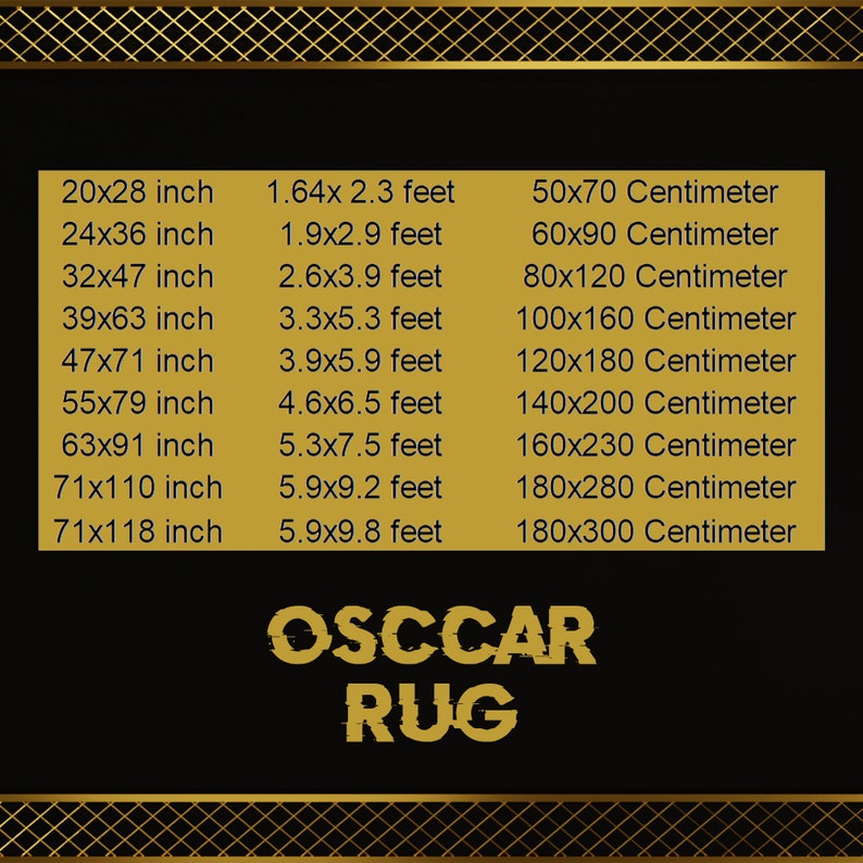 K&ouml;nnte beinhalten: Eine Tabelle mit Teppichgr&ouml;&szlig;en in Zoll und Fu&szlig; sowie in Zentimetern. Die Tabelle umfasst Gr&ouml;&szlig;en von 20x28 Zoll bis 71x118 Zoll. Der Text "OSCCAR RUG" wird am unteren Rand der Tabelle angezeigt.