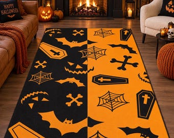 Halloween Coffin Spider Web Rug, Orange Black Gothic Area Rug, Spooky Skeleton Bone Carpet, Halloween Home Decor, Gothic Halloween Rug