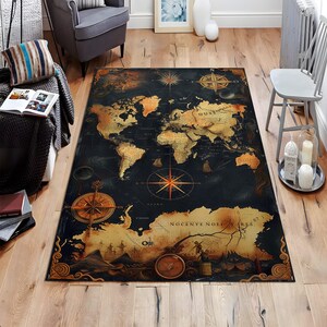 Tapis design carte, tapis carte du monde, tapis design carte vintage, tapis explorateur, tapis aventure, tapis de voyage, tapis Wanderlust, tapis déco de salon, cadeau d'anniversaire