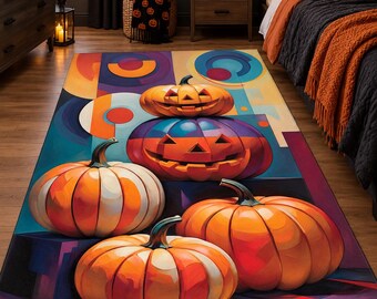 Colorful Halloween Pumpkin Rug, Abstract Jack O Lantern Area Rug, Modern Halloween Carpet, Fall Pumpkin Decor, Spooky Autumn Rug