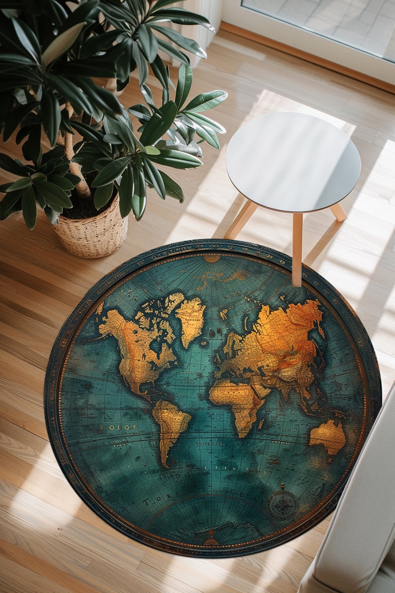 Round Rug, World Map Rug, Globe Design Rug, Geography Decor, Travel ...