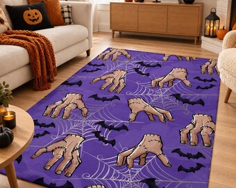 Purple Halloween Rug, Creepy Hand Spider Web Rug, Spooky Bat Area Rug, Gothic Halloween Carpet, Witchy Horror Home Decor