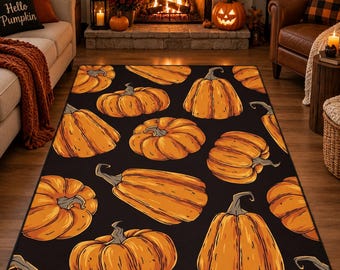 Pumpkin Halloween Rug, Orange Pumpkin Area Rug, Black Fall Rug, Autumn Home Decor, Spooky Halloween Decor, Pumpkin Entryway Rug