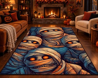 Halloween Mummy Rug, Spooky Mummy Area Rug, Horror Halloween Carpet, Gothic Monster Rug, Orange Eyes Rug, Haunted House Decor
