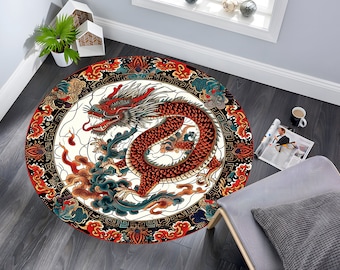 May include: Round rug with a colorful dragon design. The dragon is red, orange, and yellow with blue and green clouds around it. The rug has a black and gold border with a repeating pattern.